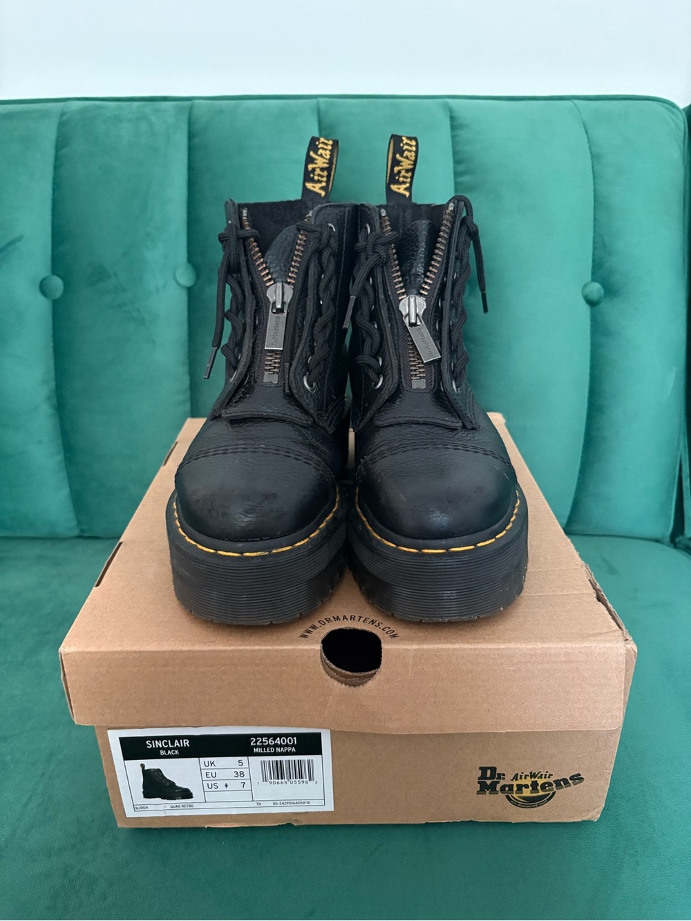 Dr. Martens Black Leather Platform Ankle Boots with Yellow Stitching